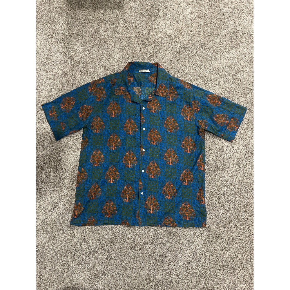 Fragonard Parfumeur Mens Blue Green Floral Block Print Cotton Camp Shirt Large